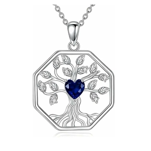 Silver Tree of Life necklace with octagonal pendant and blue heart-shaped birthstone