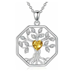 Silver octagonal tree of life necklace featuring a yellow heart gemstone and fine chain