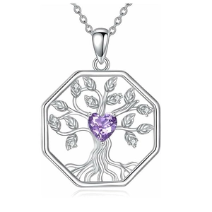 Detailed macro view of Celtic Tree of Life pendant with purple heart stone and crystal inlay
