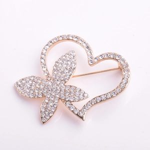 Elegant gold alloy heart brooch with crystal butterfly accents for women's fashion outfits