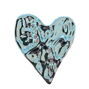 3D heart-shaped brooch with handmade liquid metal texture and irregular silver mirror finish