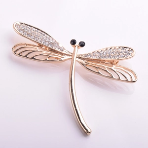 Elegant dragonfly brooch pin with gold finish and sparkling rhinestones for suits