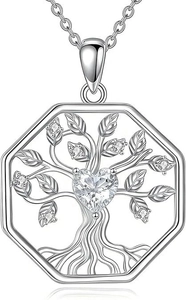 Detail view of octagon Tree of Life pendant with heart-shaped stone and silver chain