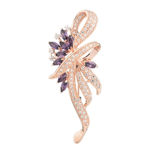 Elegant rose gold flower brooch with purple marquise gemstones and white zircon accents