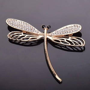 Elegant Gold Alloy Dragonfly Brooch With Sparkling White Rhinestones And Black Gem Eyes For Women Fashion Suit Corsage Pin