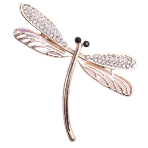 Elegant gold dragonfly brooch pin with white rhinestones and black beads on wings