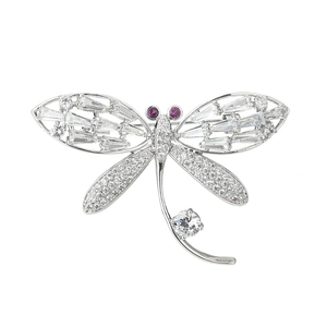 Elegant dragonfly brooch in silver-tone metal with sparkling rhinestones and red accents