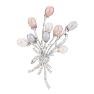 Broche fleur de prunier de style chinois avec perles et cristaux sur métal argenté