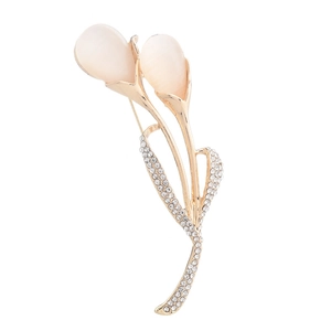 Élégante broche tulipe dorée avec pétales en opale et strass en cristal scintillants