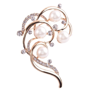 Elegante rotgoldene Blumenbrosche mit weißen Perlen und glitzernden Strasssteinen für Damen