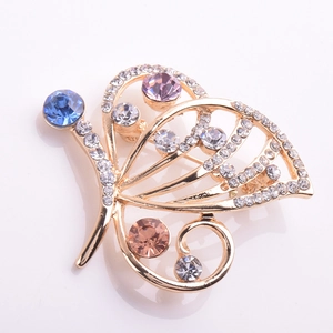 Golden butterfly brooch with colorful crystals and rhinestones for wedding suits