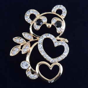 Broche Panda en Alliage à la Mode Avec Cœur Ajouré Feuille de Bambou Strass Plaquée Or Bijoux pour Femmes