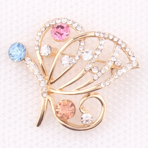 Colorful butterfly brooch with gold frame and crystal rhinestones for elegant suit styling