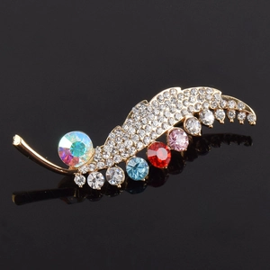 Elegant feather brooch with colorful crystals and white rhinestones on gold alloy base