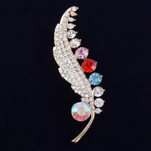 Vintage Alloy Rhinestone Leaf Brooch Pin For Women Multi Color Elegant Feather Corsage Jewelry For Party Banquet Accessories