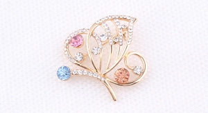 Macro detail of butterfly brooch with colorful crystals and sparkling rhinestones
