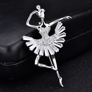 Detailed view of silver ballet dancer brooch with baguette-cut sparkling crystals
