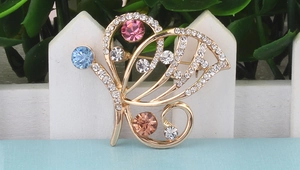 Macro detail of a golden butterfly brooch with colorful crystals and sparkling rhinestones