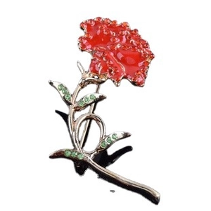 Elegant red carnation brooch with gold alloy and sparkling rhinestones for women