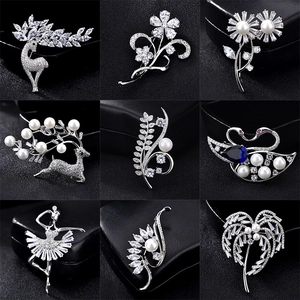 Luxury Copper Cubic Zirconia Flower Brooch Pin For Women Elegant Artificial Pearl Wheat Angel Ballet Girl Jewelry For Banquet Wedding