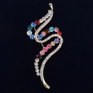 Elegant gold wave brooch featuring multi-color crystals and rhinestones for women