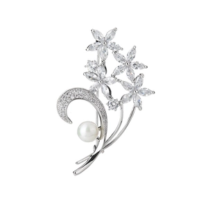 Luxurious floral zircon brooch with white pearl and moon-shaped sparkling crystal details