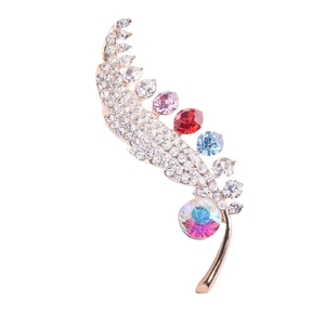 Colorful crystal feather brooch with gold alloy frame and rhinestones for suits