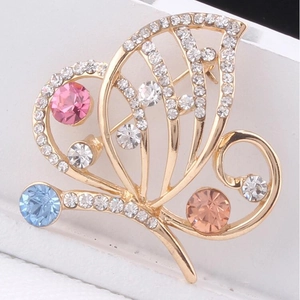 Golden butterfly brooch with colorful crystals and sparkling diamonds for women's fashion