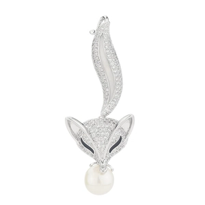 Broche renard exquise avec oxydes de zirconium et un pendentif perle blanche ronde