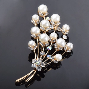 Élégante Broche Bouquet de Fleurs en Cristal et Künstliche Perles d'Imitation Alliage Doré Strass Broche Florale pour Mariage Femme