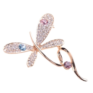 Goldene Libelle Brosche mit glitzernden Kristallen und rosa, blauen, lila Strass