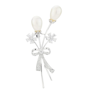 Elegant silver flower bouquet brooch with white teardrop pearls and zircon crystals