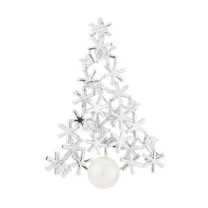 Sparkling silver snowflake Christmas tree brooch with clear zircon and white pearl accent