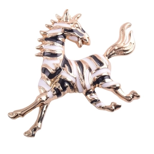 Running zebra brooch pin with gold alloy base and black and white enamel finish