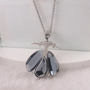 Elegant ballet dancer pendant long necklace with silver twisted chain and grey crystals