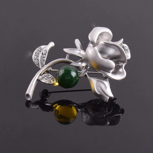 Élégante Broche en Alliage Fleur de Rose pour Femmes Mariage Fête Épingle en Strass avec Décoration de Perle Verte Bijoux