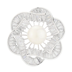 Elegant floral pearl brooch featuring rectangular step-cut cubic zirconia in silver setting