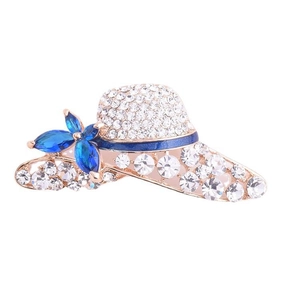 Elegant rose gold sun hat brooch with blue crystal flower and sparkling rhinestones