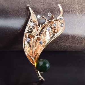 Elegante Spilla a Forma di Fiore di Mughetto in Lega Dorata Con Strass e Perla Artificial Sintetica Verde Scuro Vintage per Matrimonio Festa Donna Gioielli
