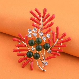 Broche en Alliage de Branche de Corail de Luxe pour Femmes Plaqué Or Email Rouge Perles Vertes Strass Épingle de Plante Florale Bijoux