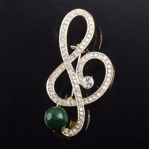 Elegant Alloy Treble Clef Musical Note Brooch With Rhinestone And Faux Green Artificial Pearl Gold Tone Music Jewelry For Women