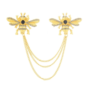 Elegant gold bee brooch pins with hanging chains and sparkling crystal rhinestones