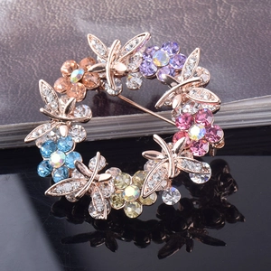 Elegant rose gold butterfly wreath brooch with colorful crystals and rhinestones