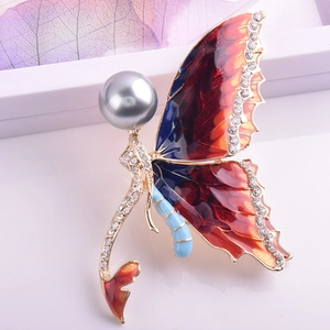 Exquisite butterfly fairy brooch with blue-red enamel, pearls and sparkling crystals