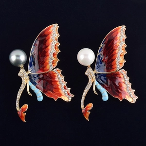 Luxury Butterfly Enamel Brooch With Large Artificial Pearl And Rhinestone Gradient Wings Alloy Pin For Women Party Wedding Jewelry