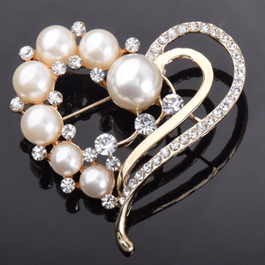 Élégante Broche Cœur en Alliage avec Künstliche Perles et Cristaux pour Femmes Plaquée Or Double Cœur Strass Bijoux de Mode