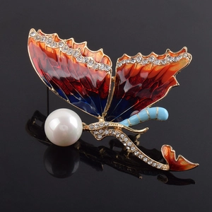 Elegant butterfly brooch with colorful gradient enamel, sparkling crystals and white pearl