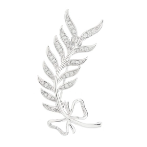 Elegant silver feather leaf brooch with sparkling crystals and a delicate bow detail
