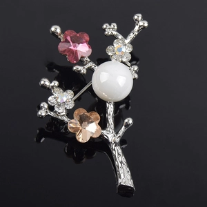 Elegant Plum Blossom Branch Brooch With Large Artificial Pearl And Crystal Floral Design Silver Alloy Corsage For Women Wedding Party