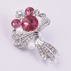 Elegant silver flower bouquet brooch with pink crystal gemstones and white pearls